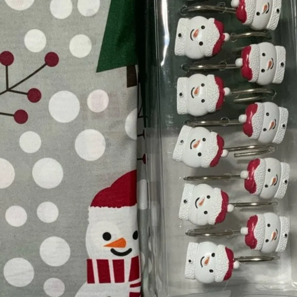 Christmas Bath Snowman Santa Fabric Shower Curtain 72 x 72 Hook Set Grey 13 PC